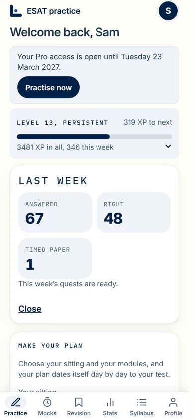 The Practice tab: a greeting, the pass with a Practise now button, the level reached and the points to the next one, then last week's questions answered, answers right and timed papers sat.