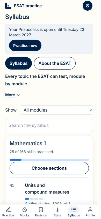 The Syllabus tab: Mathematics 1, how much of it has been practised, with a progress bar and the first entries below it.